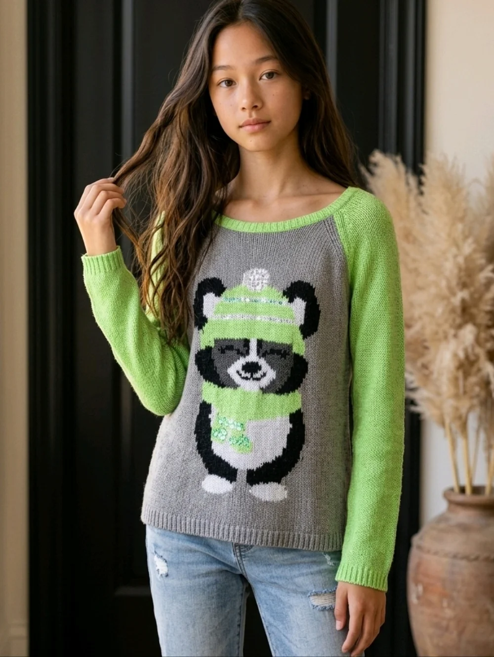 Justice Cute Winter Bear Sweater Girls 14 Pullover Neon Green/Gray Long Sleeves